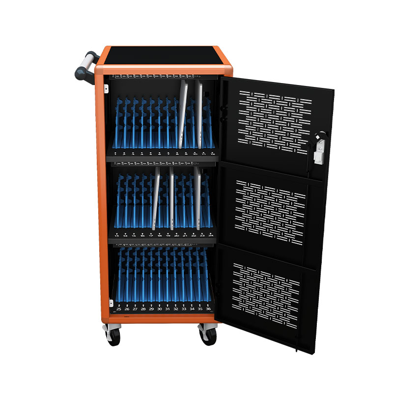 How is the power management system of a laptop charging cart designed to prevent safety issues such as overcharging?