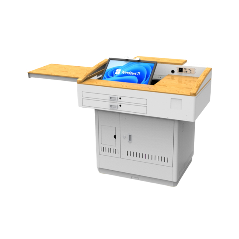 How does the multimedia desk improve the overall structural stability through the application of cold-rolled steel?