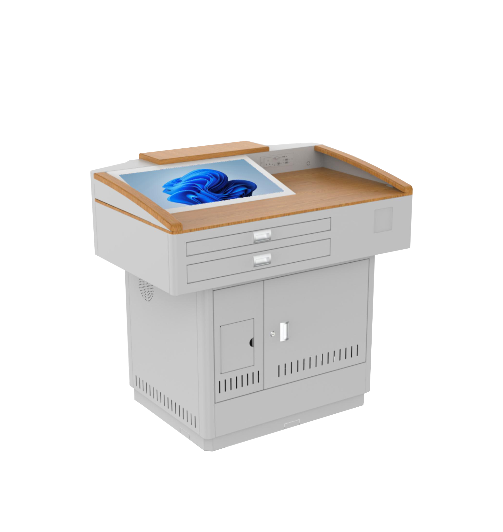 How does the ergonomic design of a smart lecture table reduce the strain on speakers during extended periods?